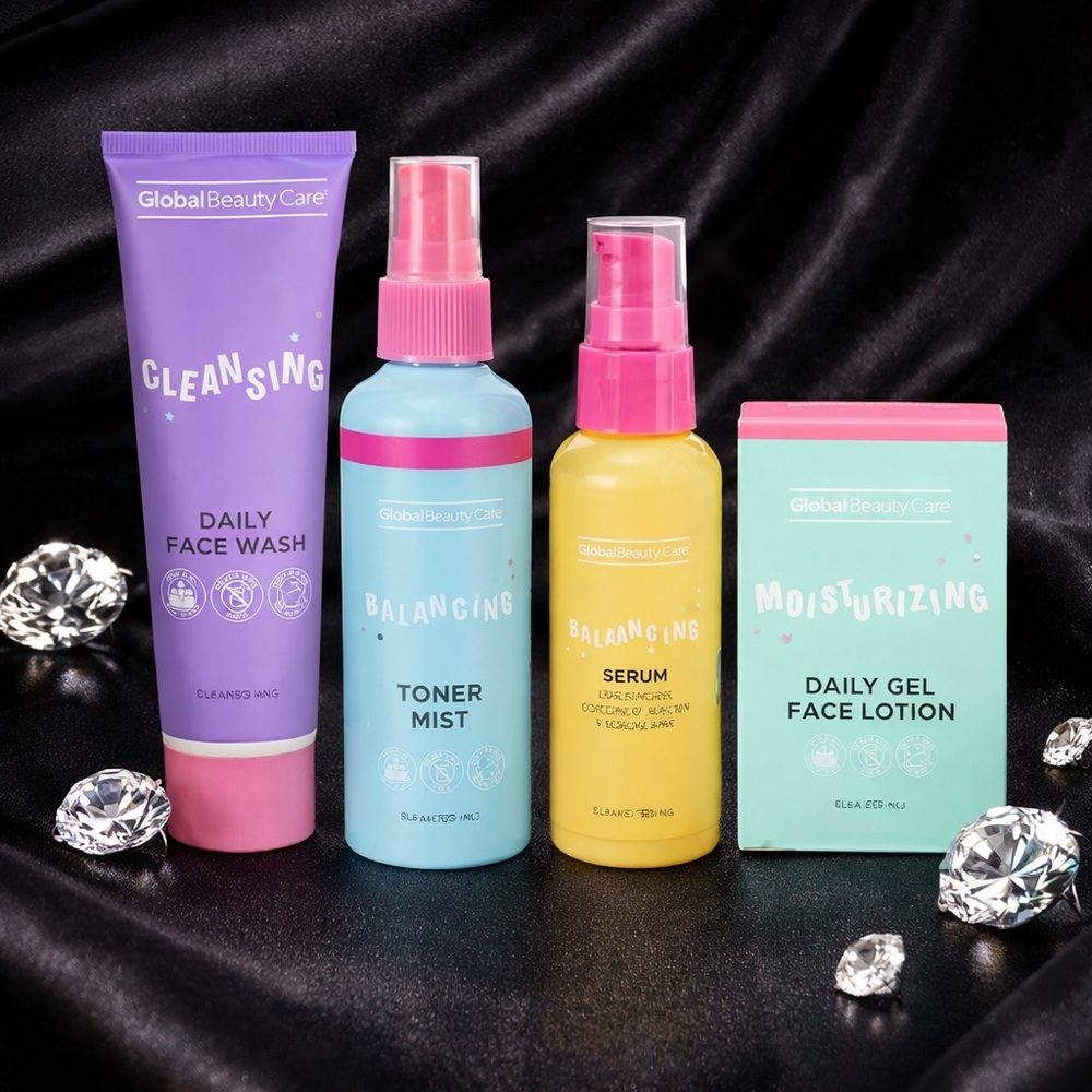 Global Beauty 4-Step Skincare Set (4pc) Cleanser, Toner, Serum, Gel Lotion NEW